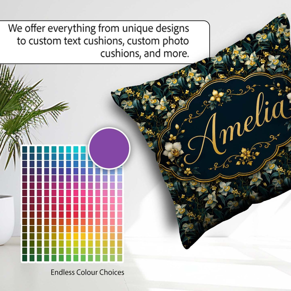 Custom Name Dark Orchid Floral Botanical Luxury Seamless Pattern Square Filled Cushion Throw Pillow Sofa Bed Home Decor Zip Washable UK Made
