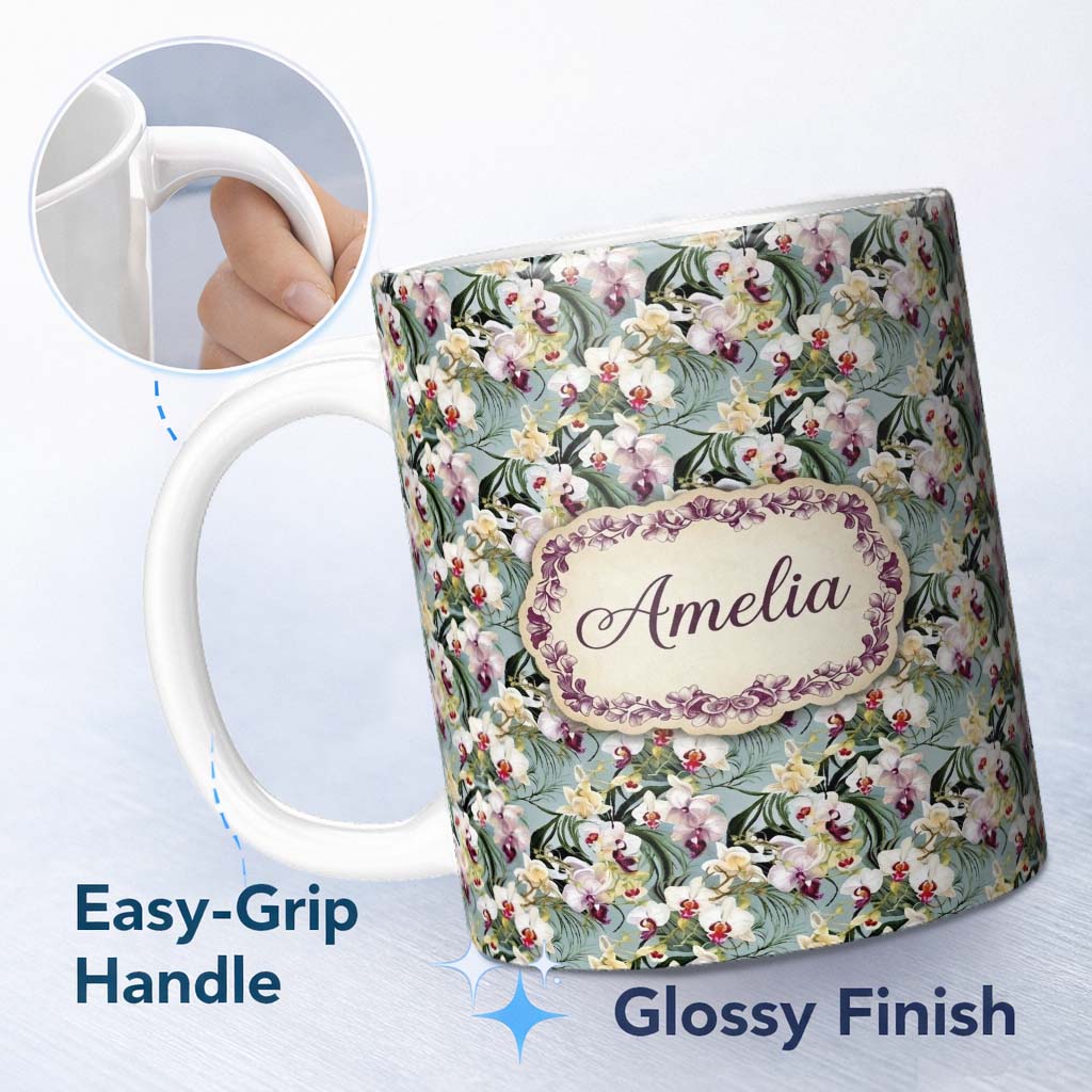 Personalized Custom Name Soft Blue Orchid Floral Garden Elegant Seamless Pattern Name Cute 11oz Ceramic Coffee Tea Mug White Large Handle