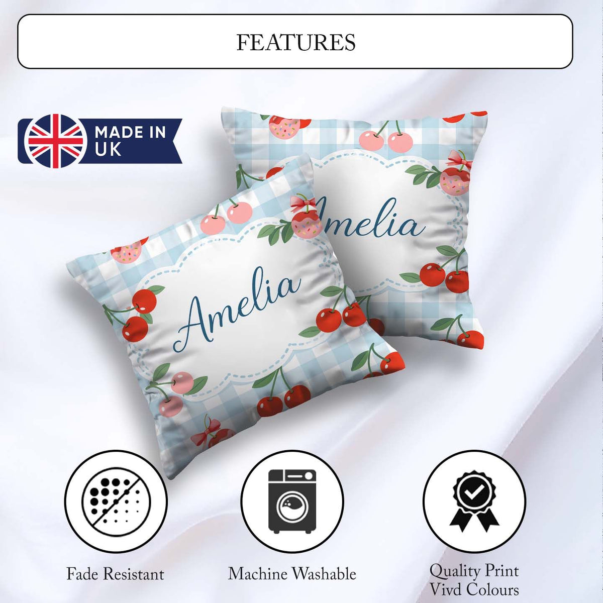Custom Name Cherry Fruit Green Gingham Picnic Seamless Pattern Square Filled Cushion Throw Pillow Sofa Bed Home Decor Zip Washable UK Made