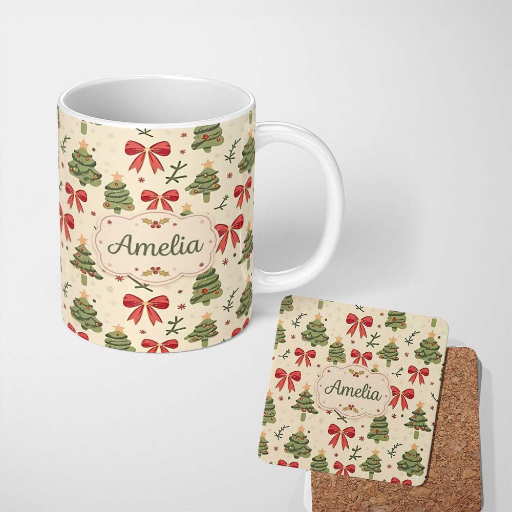 Personalized Custom Name Watercolor Christmas Trees with Red Bows and Winter Elements Lovely 11oz Ceramic Coffee Tea Mug White Large Handle