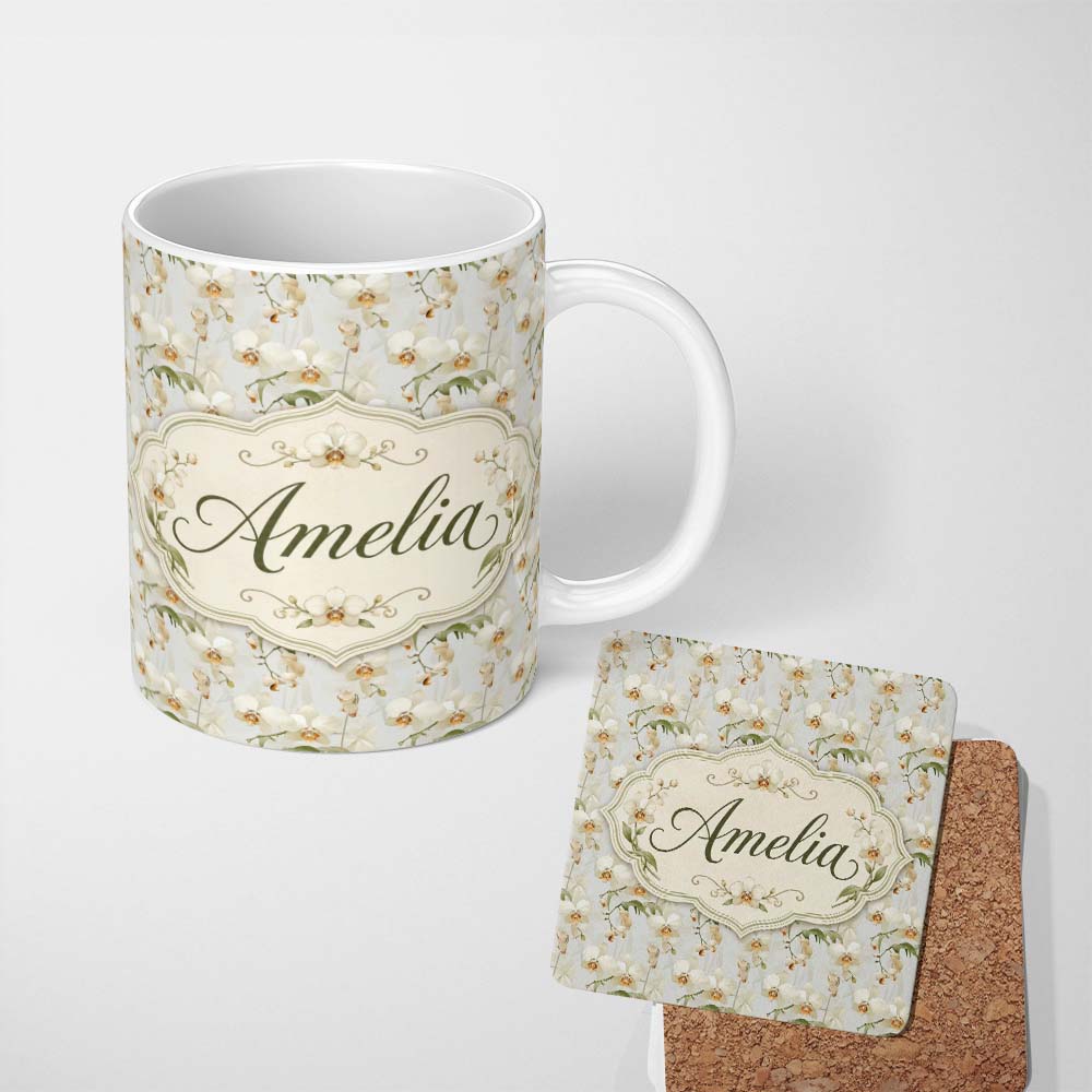 Personalized Custom Name Soft Cream Orchid Floral Minimal Elegant Seamless Pattern Custom 11oz Ceramic Coffee Tea Mug White Large Handle