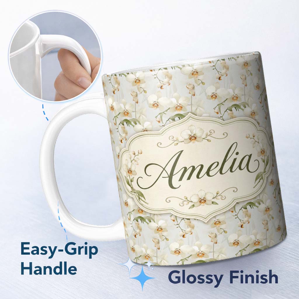 Personalized Custom Name Soft Cream Orchid Floral Minimal Elegant Seamless Pattern Custom 11oz Ceramic Coffee Tea Mug White Large Handle