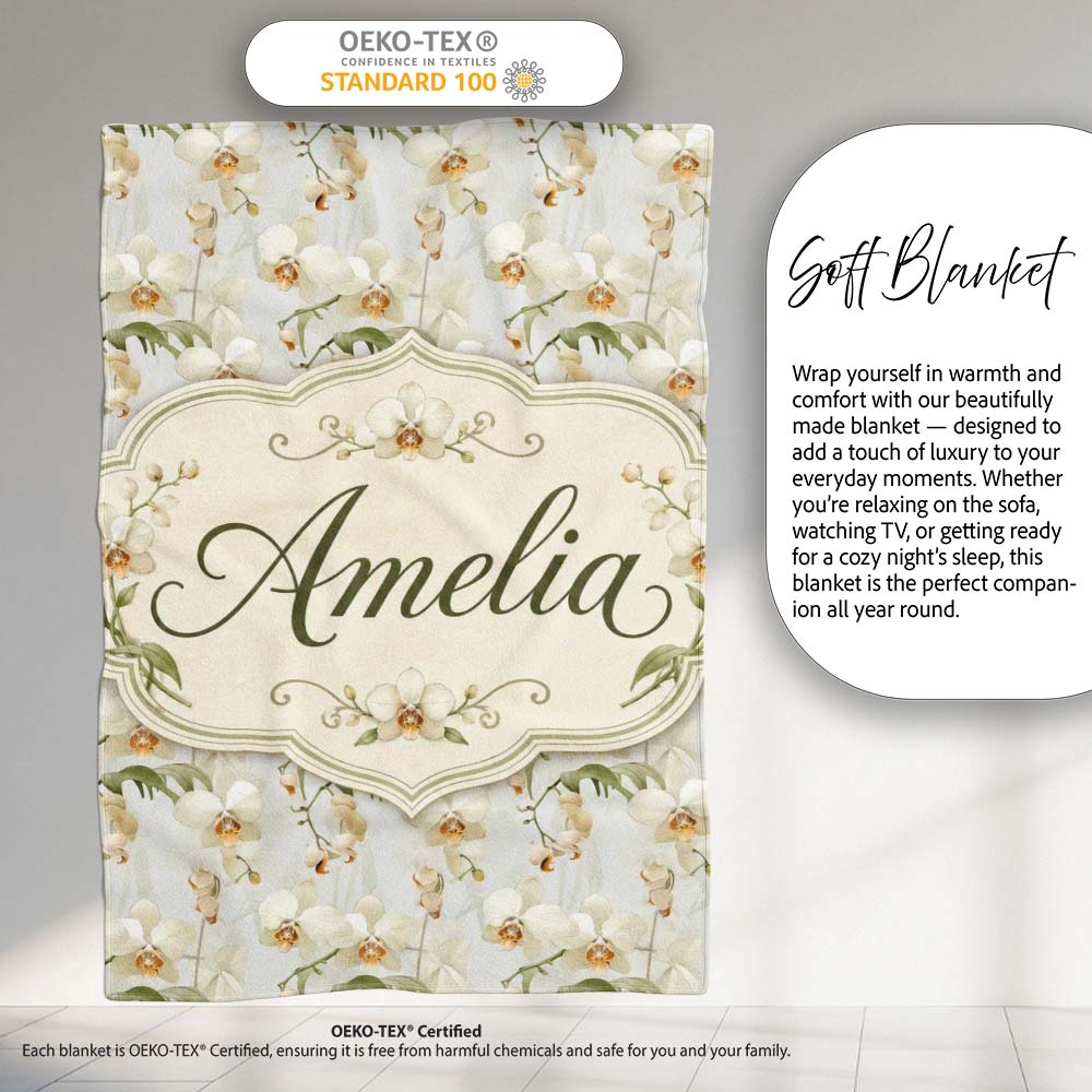 Soft Cream Orchid Floral Minimal Elegant Seamless Pattern Custom Personalised Custom Name Super Soft Fleece Blanket Bed Sofa Throw