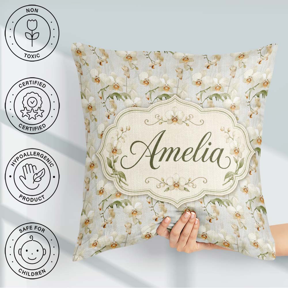 Custom Name Cream Orchid Floral Minimal Elegant Seamless Pattern Square Filled Cushion Throw Pillow Sofa Bed Home Decor Zip Washable UK Made