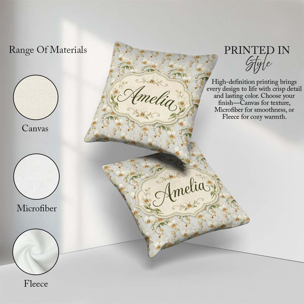 Custom Name Cream Orchid Floral Minimal Elegant Seamless Pattern Square Filled Cushion Throw Pillow Sofa Bed Home Decor Zip Washable UK Made