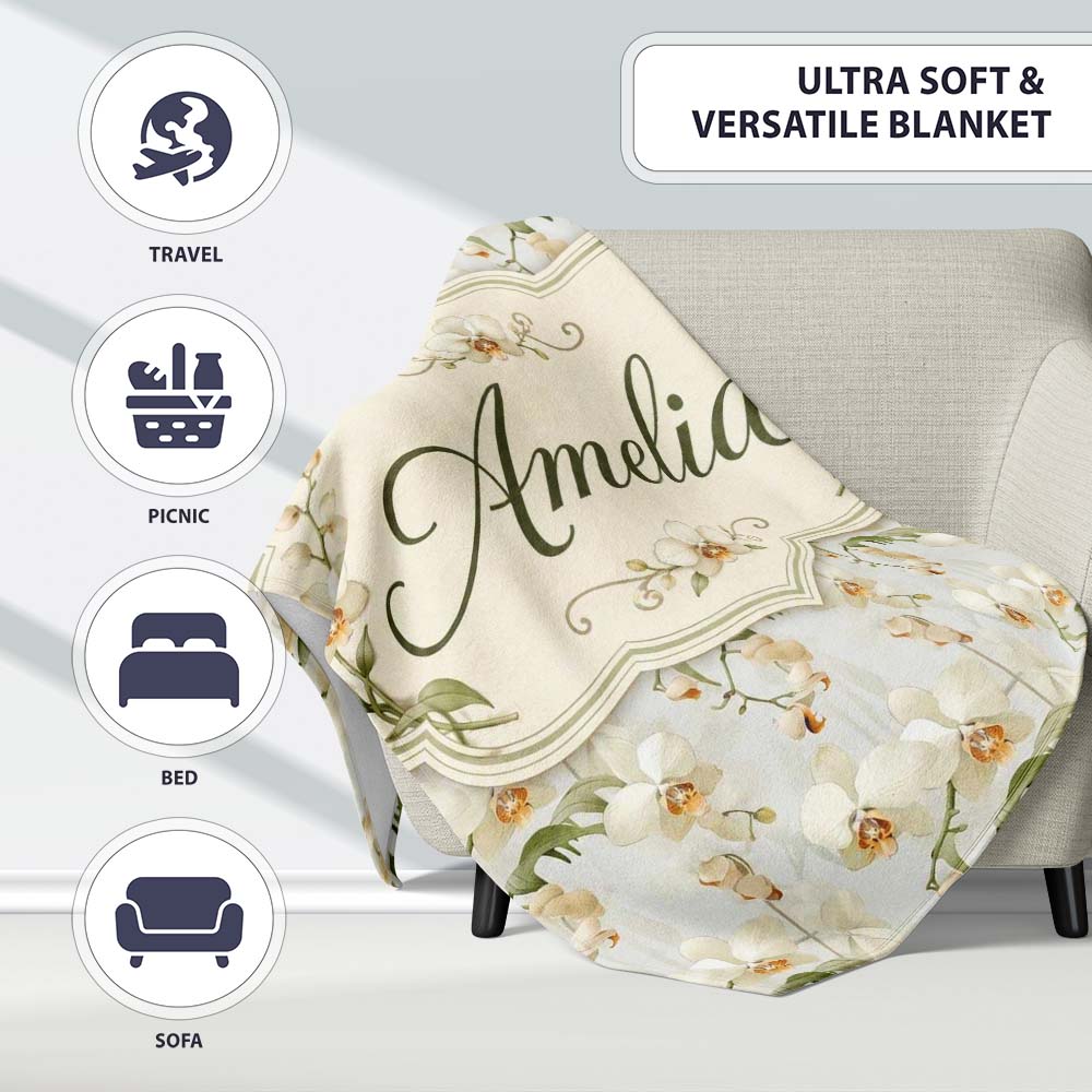 Soft Cream Orchid Floral Minimal Elegant Seamless Pattern Custom Personalised Custom Name Super Soft Fleece Blanket Bed Sofa Throw