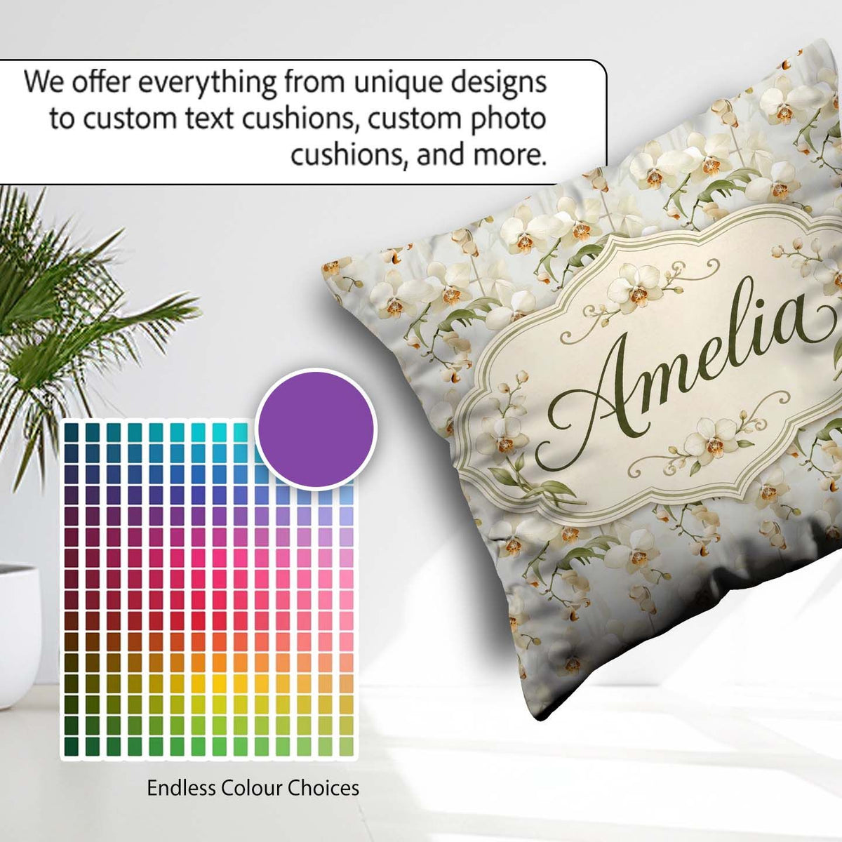 Custom Name Cream Orchid Floral Minimal Elegant Seamless Pattern Square Filled Cushion Throw Pillow Sofa Bed Home Decor Zip Washable UK Made