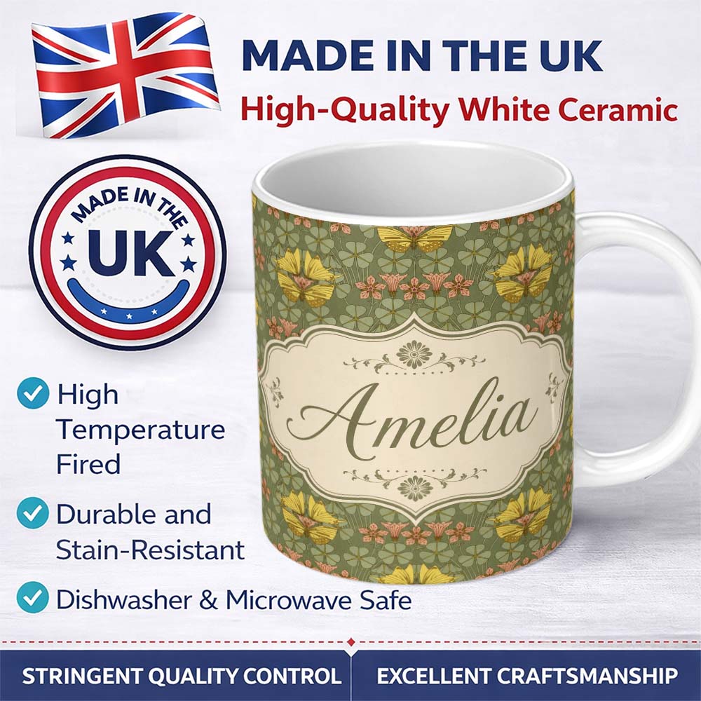 Personalized Custom Name Art Nouveau Butterflies and Floral Garden Seamless Pattern Lovely 11oz Ceramic Coffee Tea Mug White Large Handle