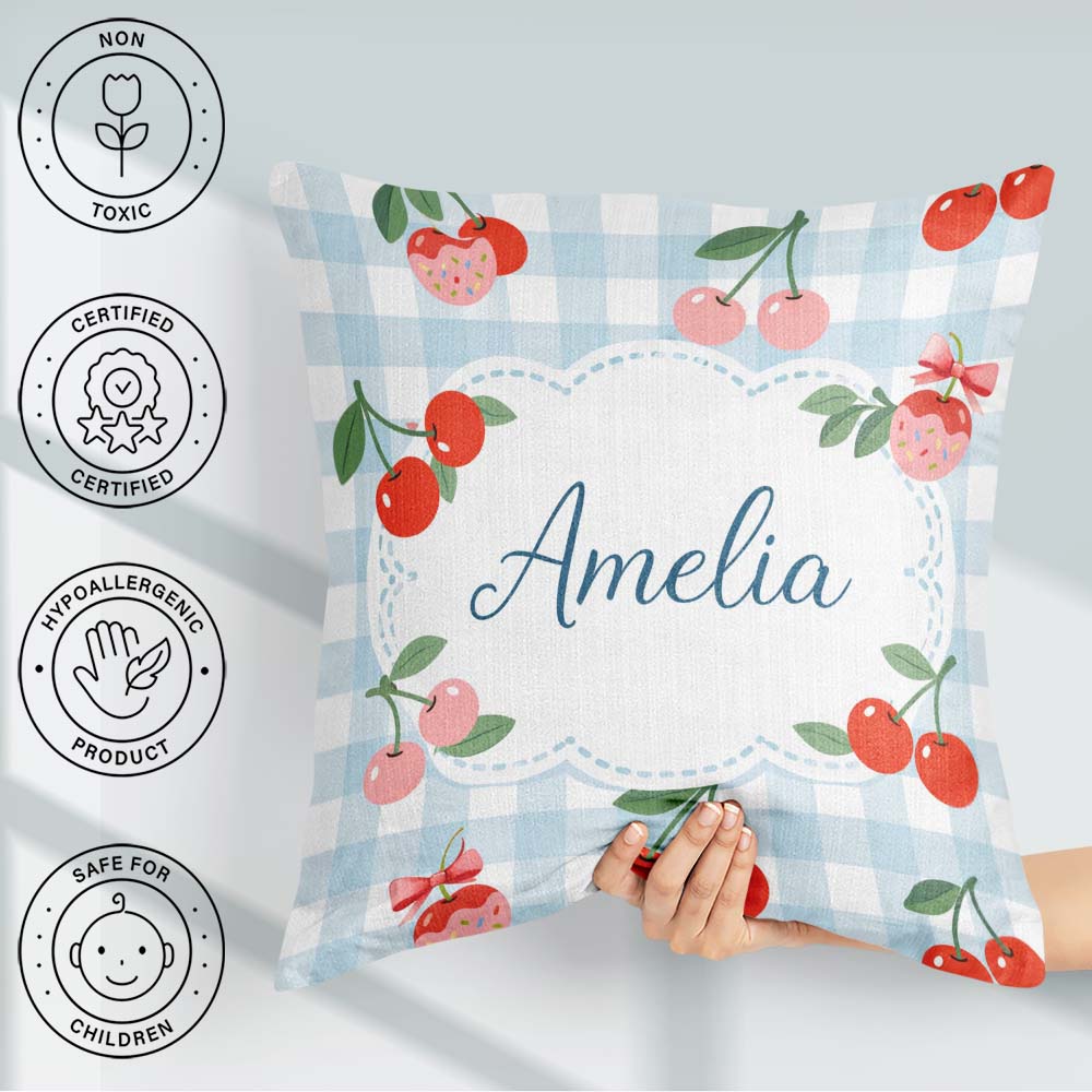 Custom Name Cherry Fruit Green Gingham Picnic Seamless Pattern Square Filled Cushion Throw Pillow Sofa Bed Home Decor Zip Washable UK Made