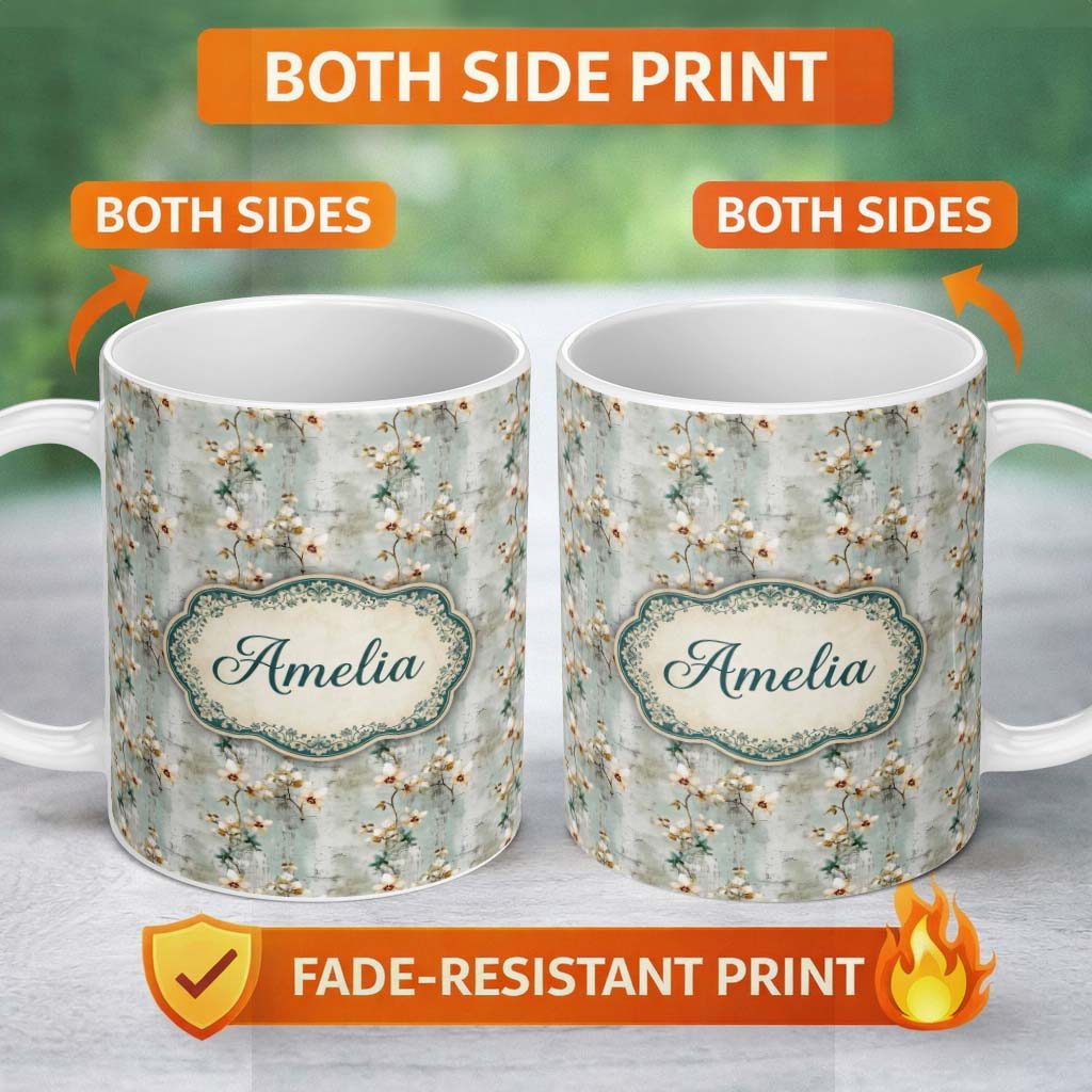Personalized Custom Name Muted Sage Orchid Floral Vintage Texture Seamless Pattern Custom 11oz Ceramic Coffee Tea Mug White Large Handle