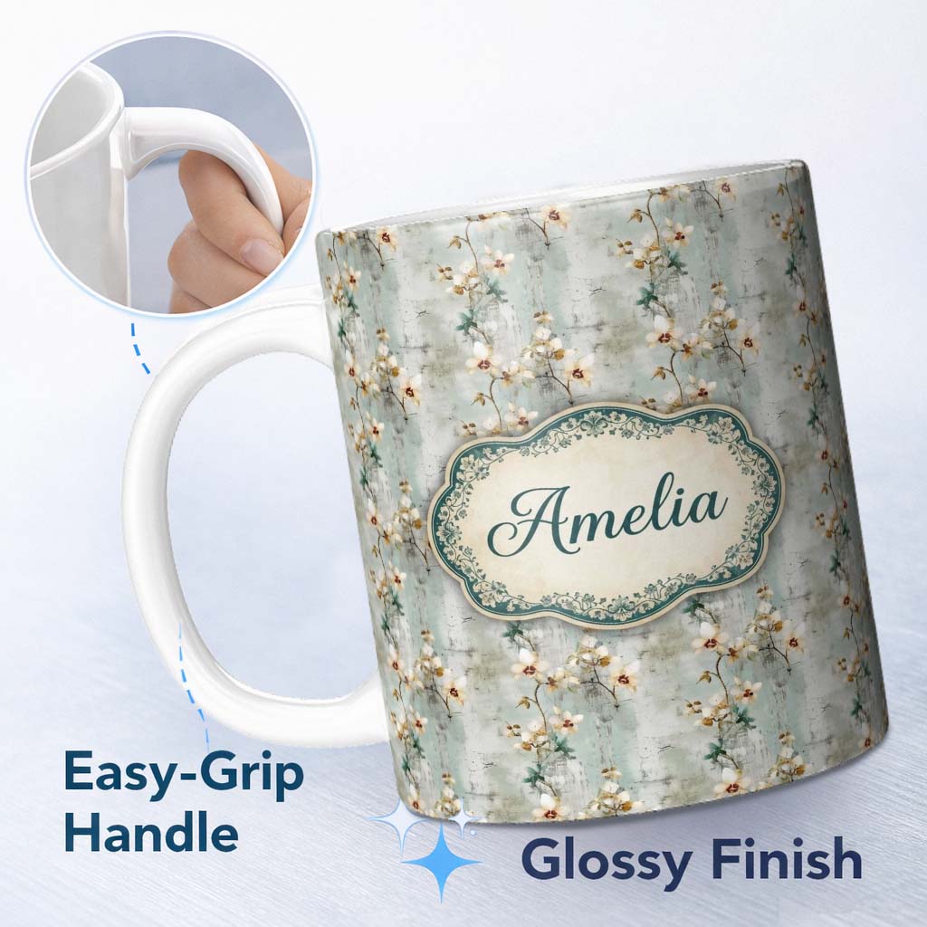 Personalized Custom Name Muted Sage Orchid Floral Vintage Texture Seamless Pattern Custom 11oz Ceramic Coffee Tea Mug White Large Handle