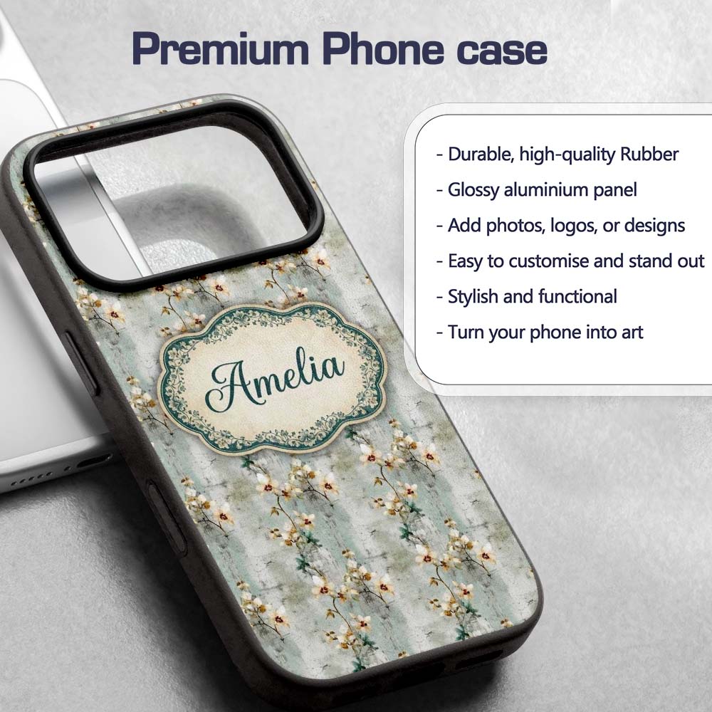 Muted Sage Orchid Floral Vintage Texture Seamless Custom Name Protective Phone Case Mobile Cover Durable Everyday Smartphone Shock Resistant