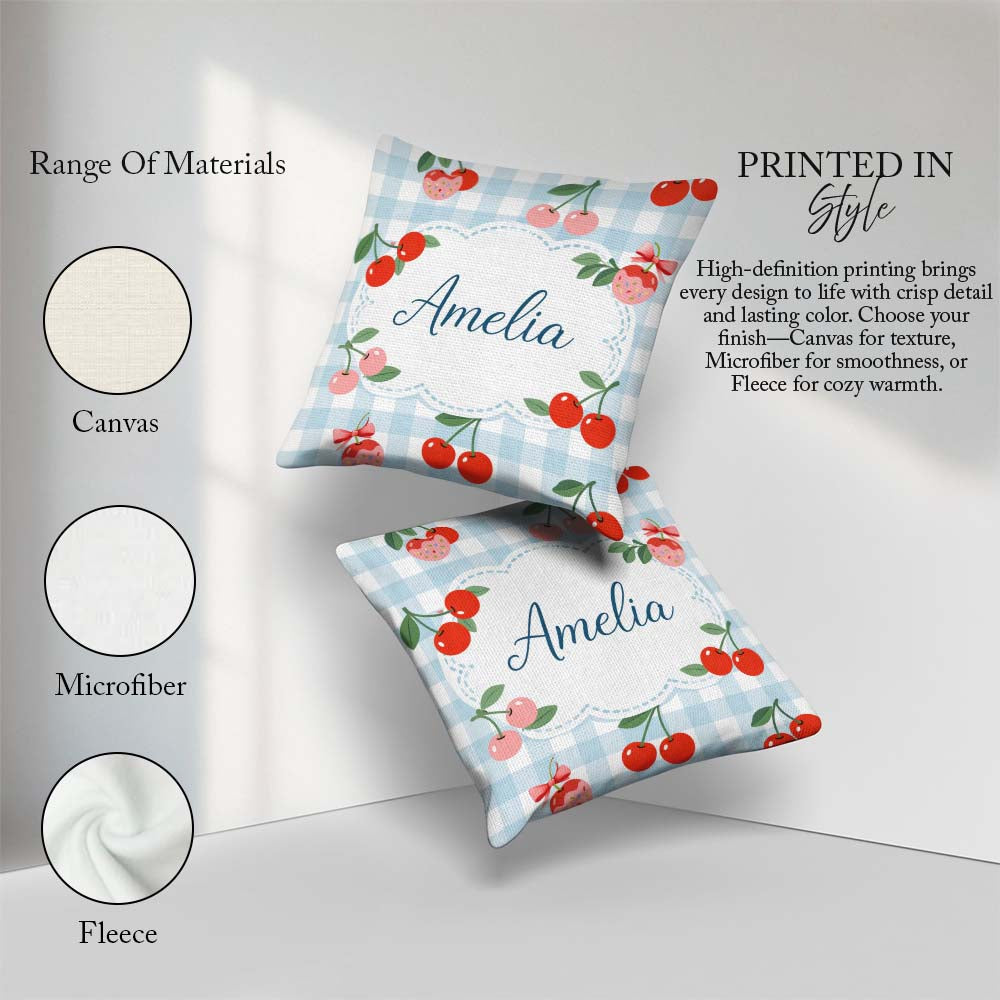 Custom Name Cherry Fruit Green Gingham Picnic Seamless Pattern Square Filled Cushion Throw Pillow Sofa Bed Home Decor Zip Washable UK Made