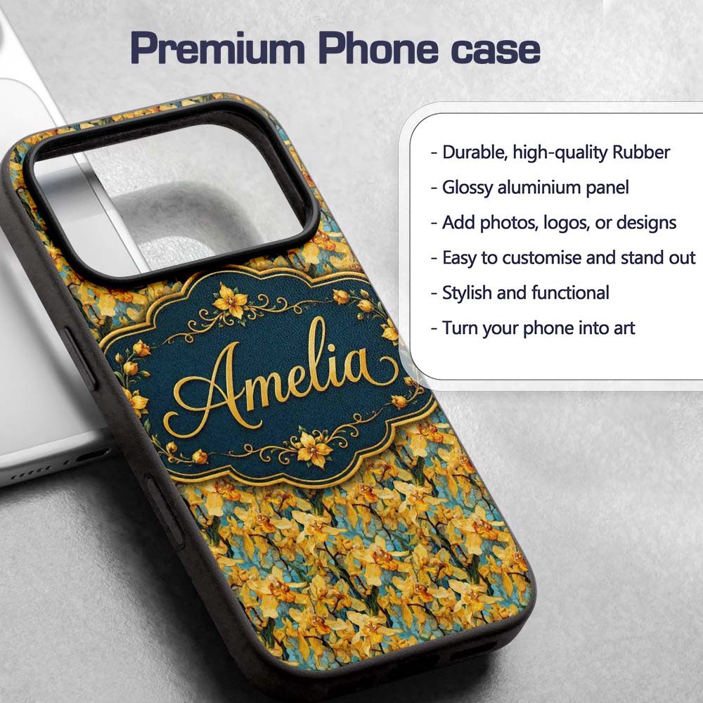 Golden Yellow Orchid Floral Artistic Seamless Custom Name Protective Phone Case Mobile Cover Durable Everyday Smartphone Shock Resistant