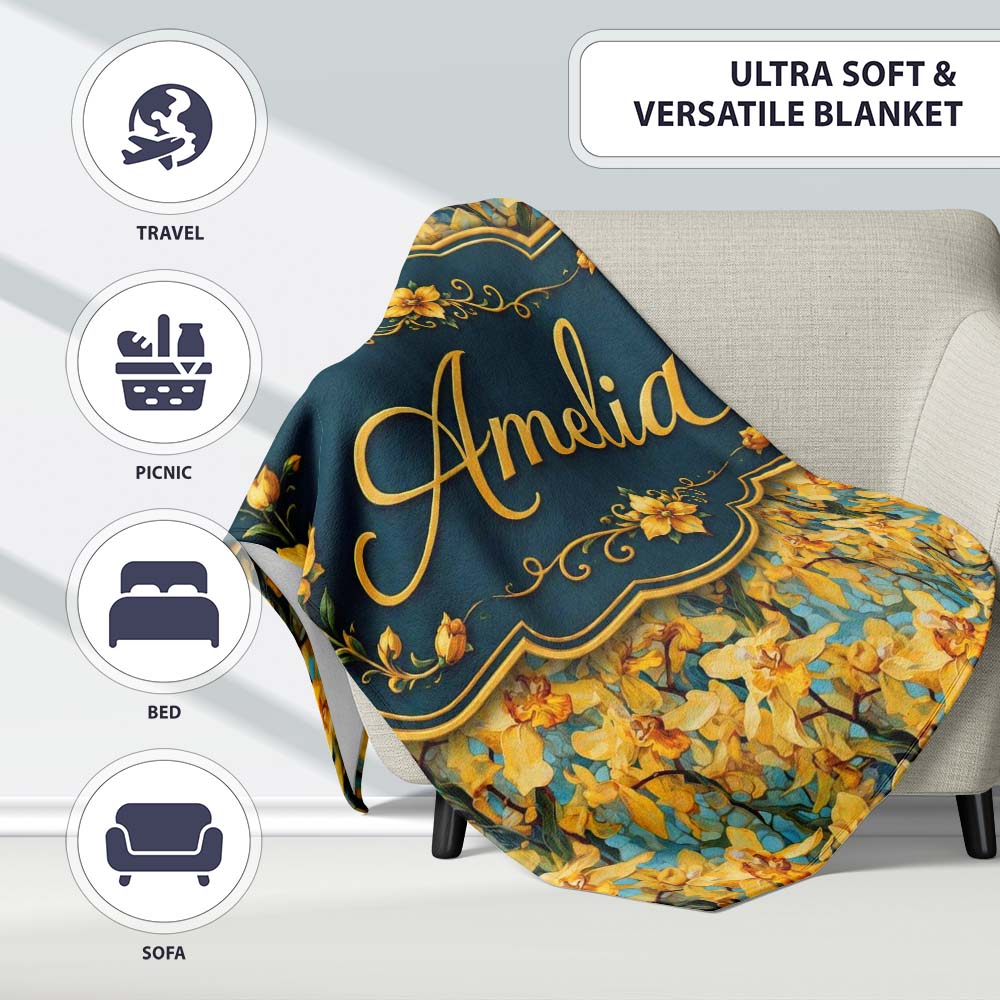 Golden Yellow Orchid Floral Artistic Seamless Pattern Name Cute Personalised Custom Name Super Soft Fleece Blanket Bed Sofa Throw