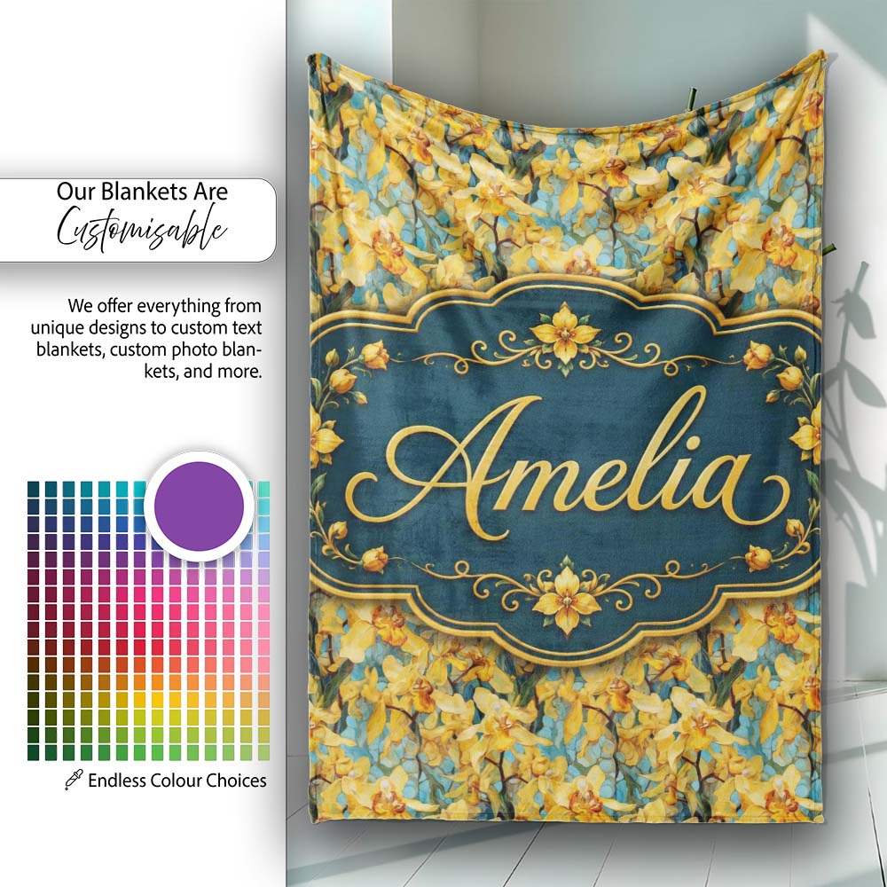 Golden Yellow Orchid Floral Artistic Seamless Pattern Name Cute Personalised Custom Name Super Soft Fleece Blanket Bed Sofa Throw