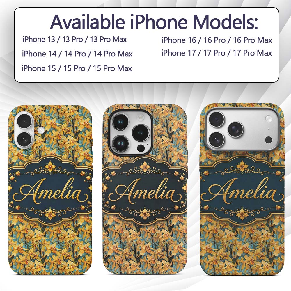 Golden Yellow Orchid Floral Artistic Seamless Custom Name Protective Phone Case Mobile Cover Durable Everyday Smartphone Shock Resistant