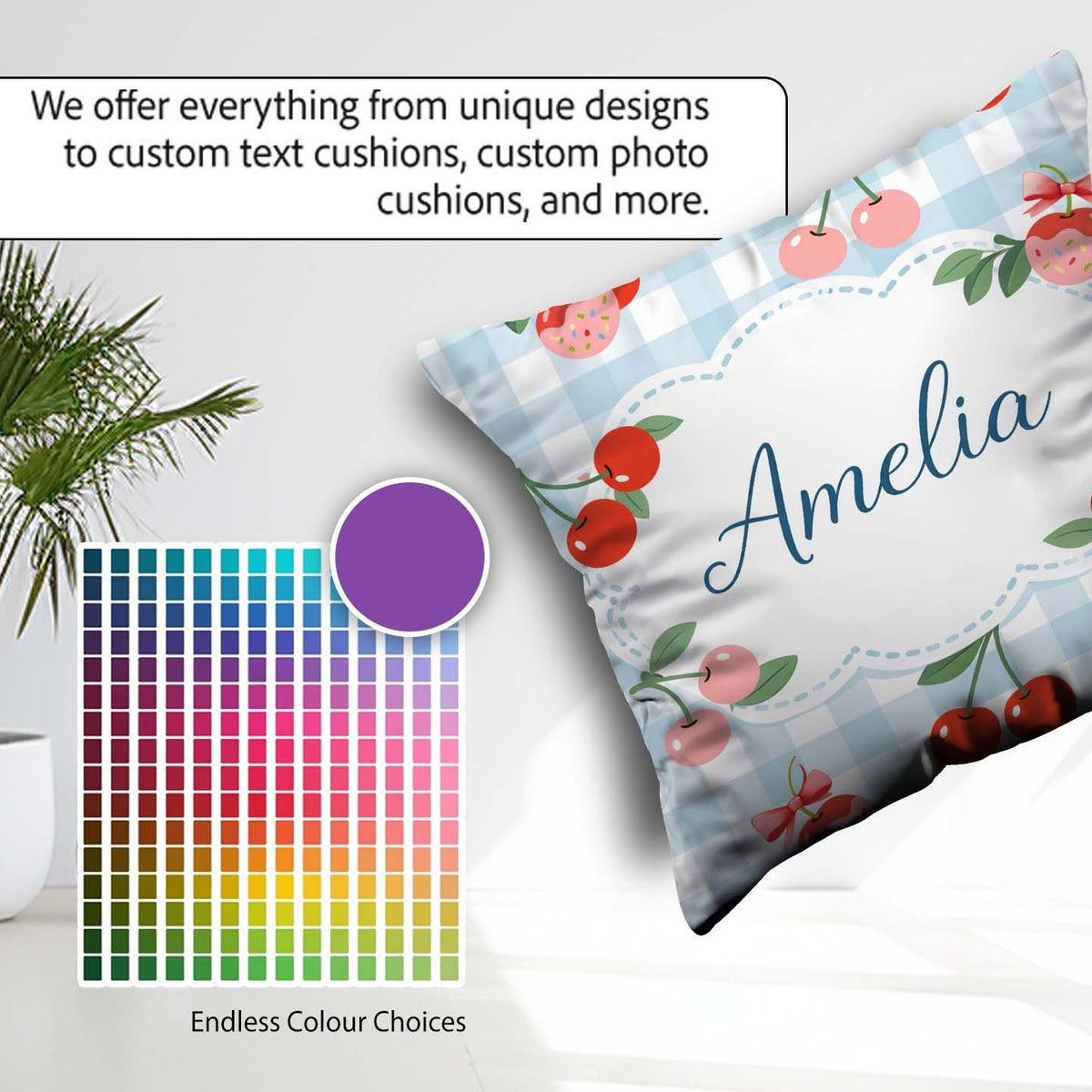 Custom Name Cherry Fruit Green Gingham Picnic Seamless Pattern Square Filled Cushion Throw Pillow Sofa Bed Home Decor Zip Washable UK Made