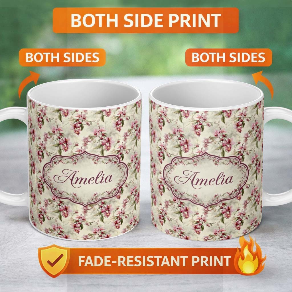 Personalized Custom Name Soft Pink Orchid Floral Vintage Seamless Pattern Name Cute Unique 11oz Ceramic Coffee Tea Mug White Large Handle