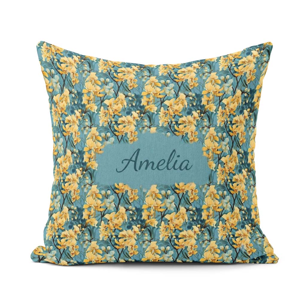 Custom Name Golden Yellow Floral Botanical Blue Seamless Pattern Square Filled Cushion Throw Pillow Sofa Bed Home Decor Zip Washable UK Made