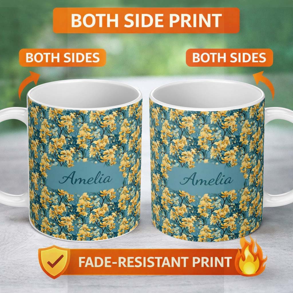 Personalized Custom Name Golden Yellow Floral Botanical Blue Background Seamless Pattern 11oz Ceramic Coffee Tea Mug White Large Handle