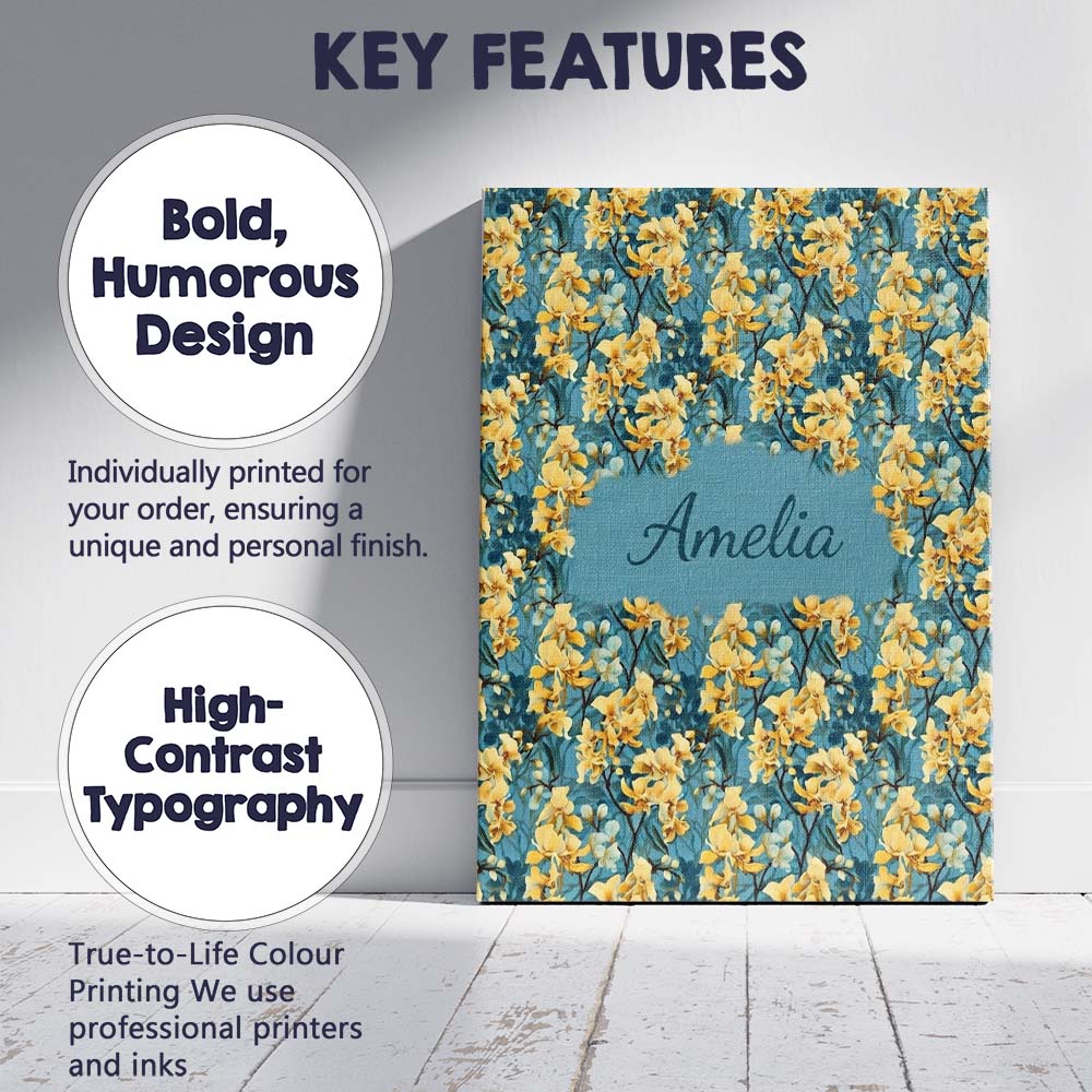Personalised Name Golden Yellow Floral Custom Modern Room Accent Elegant Feature Canvas Wall Art Print Decor Picture Ready to Hang