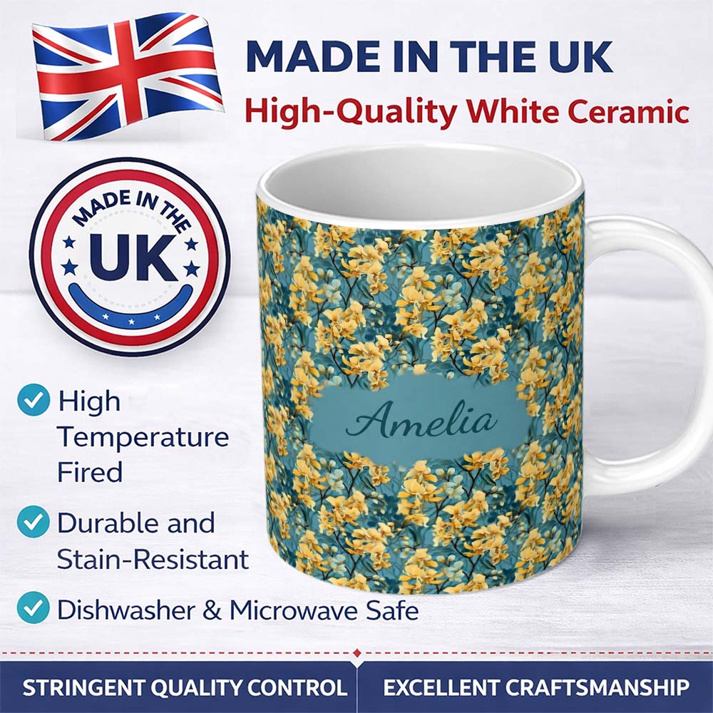 Personalized Custom Name Golden Yellow Floral Botanical Blue Background Seamless Pattern 11oz Ceramic Coffee Tea Mug White Large Handle