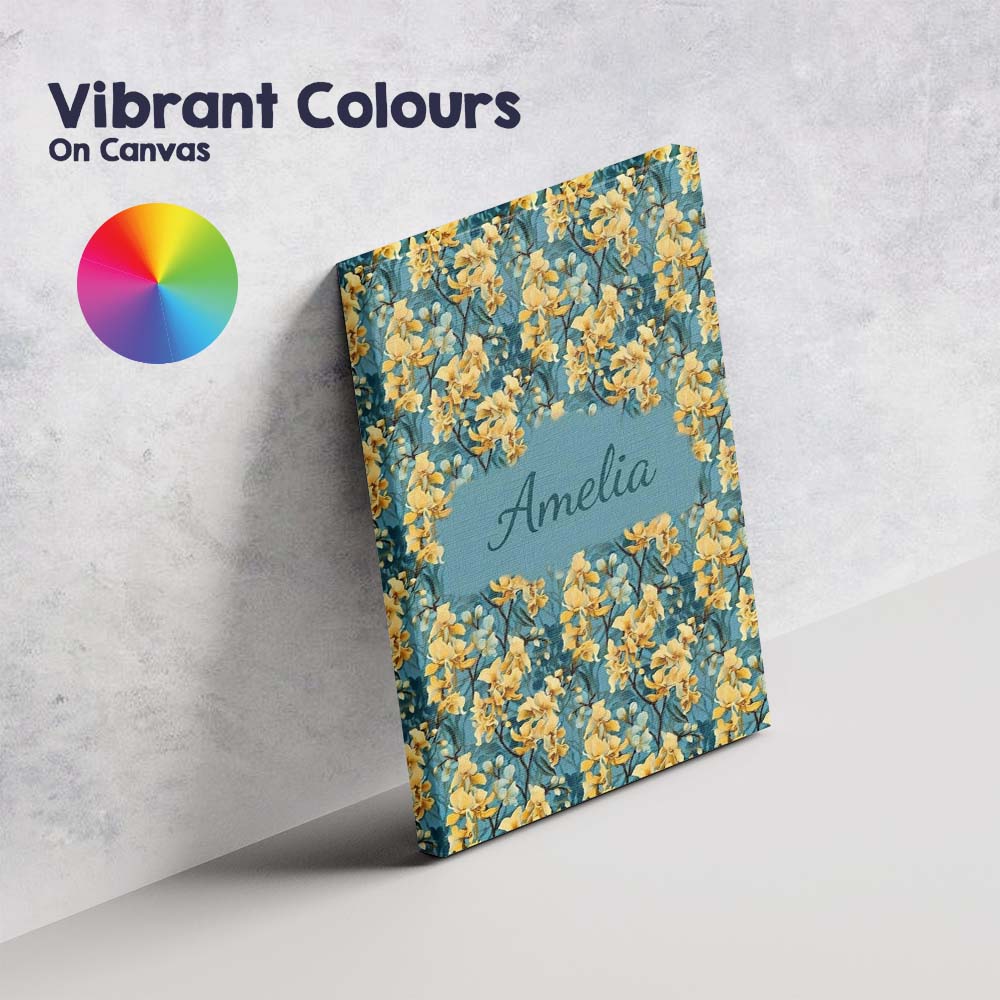 Personalised Name Golden Yellow Floral Custom Modern Room Accent Elegant Feature Canvas Wall Art Print Decor Picture Ready to Hang