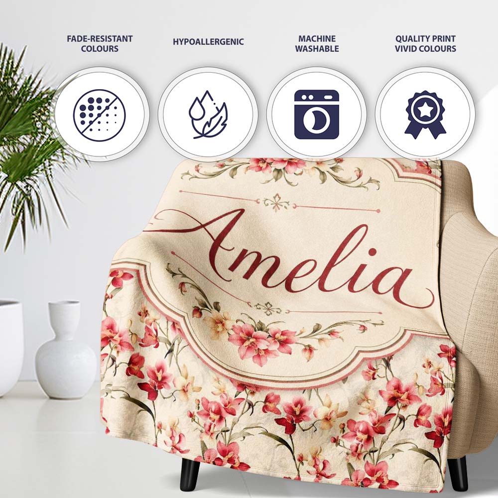 Elegant Red Orchid Floral Vintage Beige Seamless Pattern Name Cute Personalised Custom Name Super Soft Fleece Blanket Bed Sofa Throw