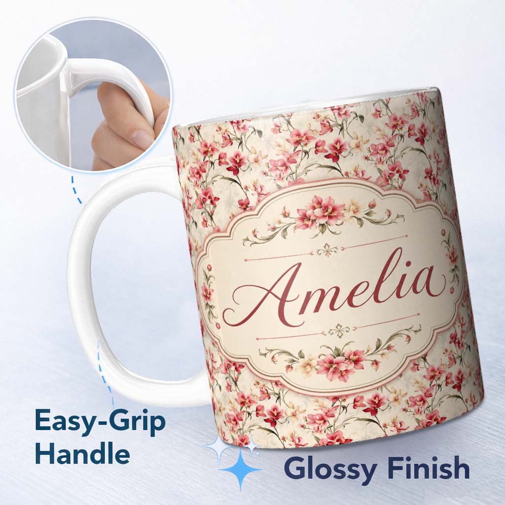 Personalized Custom Name Elegant Red Orchid Floral Vintage Beige Seamless Pattern Name Cute 11oz Ceramic Coffee Tea Mug White Large Handle