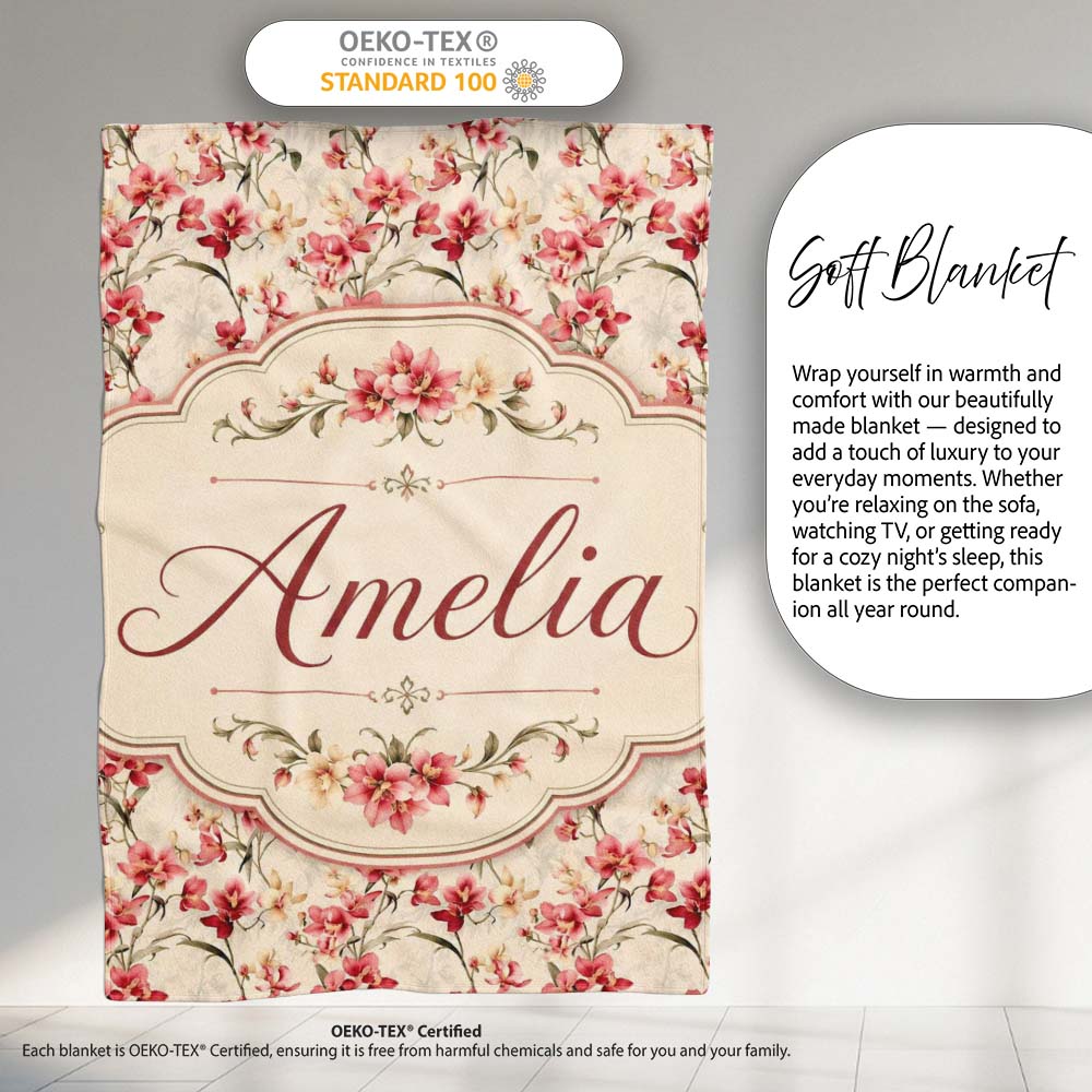 Elegant Red Orchid Floral Vintage Beige Seamless Pattern Name Cute Personalised Custom Name Super Soft Fleece Blanket Bed Sofa Throw
