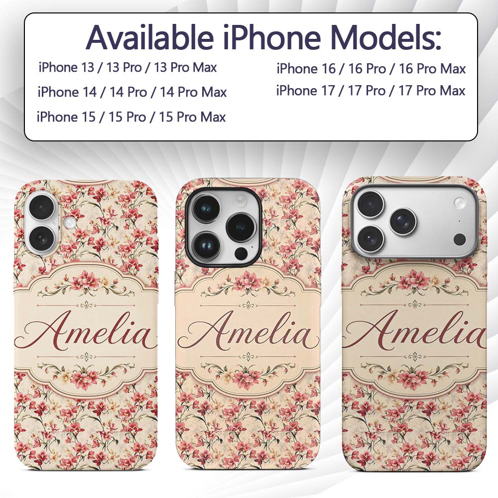 Elegant Red Orchid Floral Vintage Beige Seamless Custom Name Protective Phone Case Mobile Cover Durable Everyday Smartphone Shock Resistant