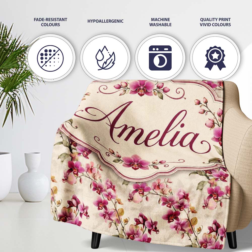 Pink Orchid Branch Vintage Neutral Seamless Pattern Name Cute Personalised Custom Name Super Soft Fleece Blanket Bed Sofa Throw