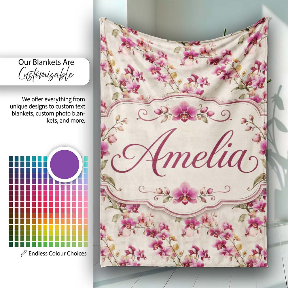 Pink Orchid Branch Vintage Neutral Seamless Pattern Name Cute Personalised Custom Name Super Soft Fleece Blanket Bed Sofa Throw