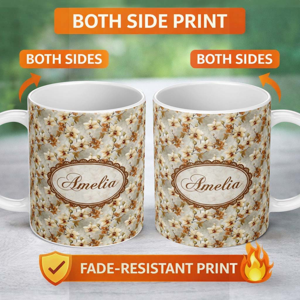 Personalized Custom Name Warm Cream Orchid Floral Classic Botanical Seamless Pattern Name 11oz Ceramic Coffee Tea Mug White Large Handle