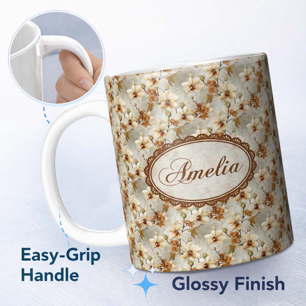 Personalized Custom Name Warm Cream Orchid Floral Classic Botanical Seamless Pattern Name 11oz Ceramic Coffee Tea Mug White Large Handle