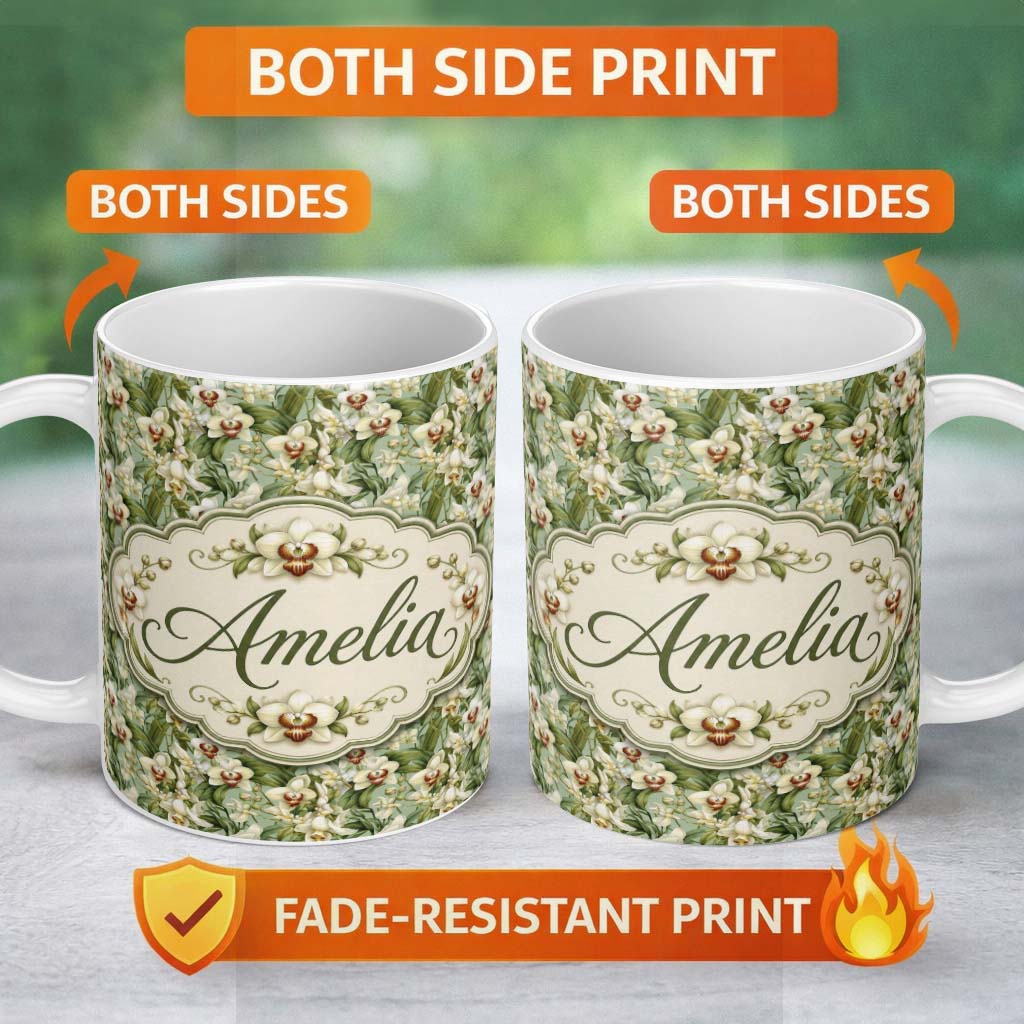 Personalized Custom Name Green Orchid Floral Garden Natural Seamless Pattern Name Cute 11oz Ceramic Coffee Tea Mug White Large Handle