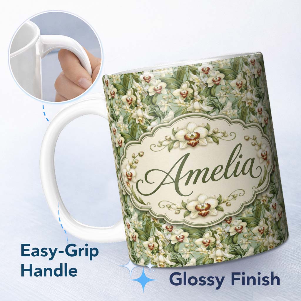 Personalized Custom Name Green Orchid Floral Garden Natural Seamless Pattern Name Cute 11oz Ceramic Coffee Tea Mug White Large Handle