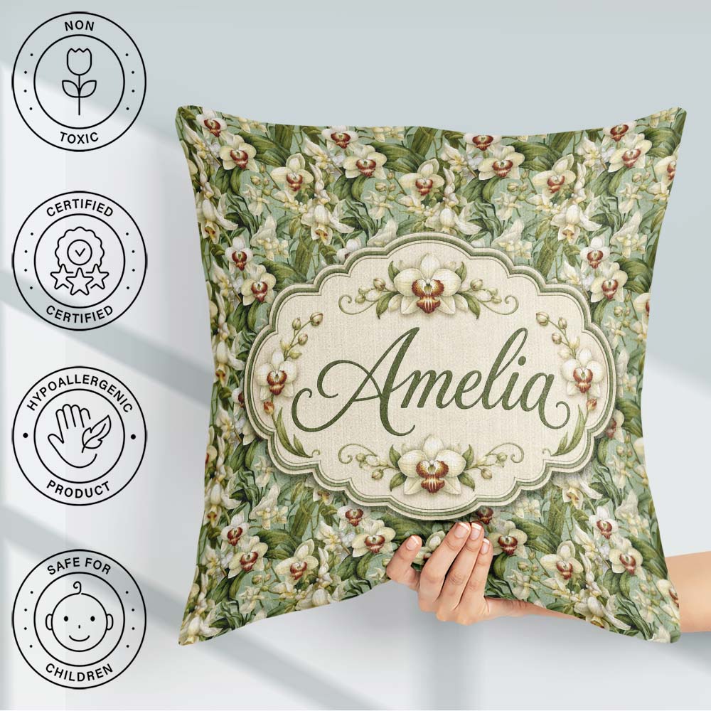 Custom Name Green Orchid Floral Garden Natural Pattern Name Cute Square Filled Cushion Throw Pillow Sofa Bed Home Decor Zip Washable UK Made