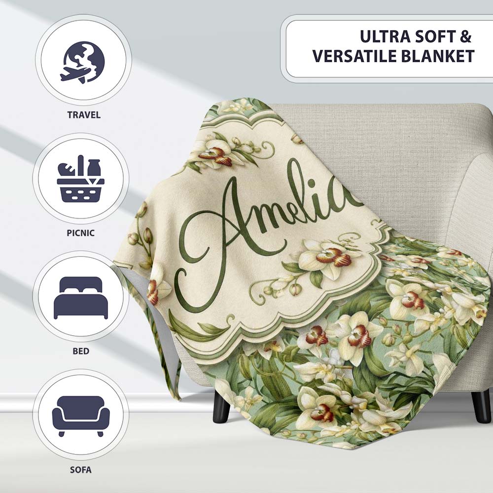 Green Orchid Floral Garden Natural Seamless Pattern Name Cute Personalised Custom Name Super Soft Fleece Blanket Bed Sofa Throw