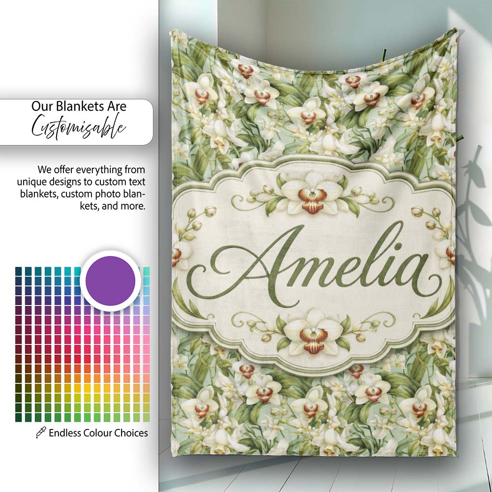 Green Orchid Floral Garden Natural Seamless Pattern Name Cute Personalised Custom Name Super Soft Fleece Blanket Bed Sofa Throw