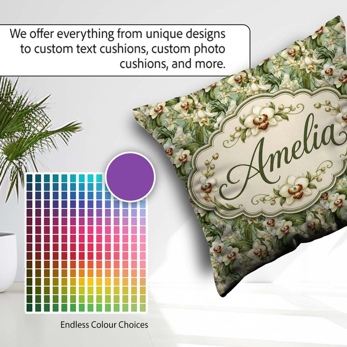 Custom Name Green Orchid Floral Garden Natural Pattern Name Cute Square Filled Cushion Throw Pillow Sofa Bed Home Decor Zip Washable UK Made