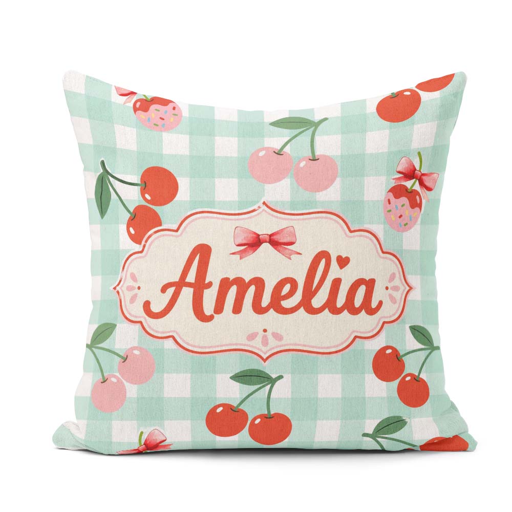 Custom Name Cherry Fruit Gingham Picnic Check Seamless Pattern Square Filled Cushion Throw Pillow Sofa Bed Home Decor Zip Washable UK Made