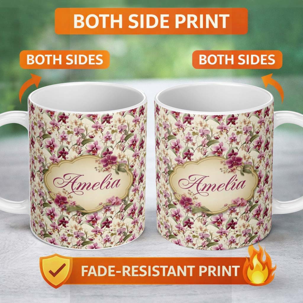 Personalized Custom Name Blush Pink Orchid Floral Vintage Garden Seamless Pattern Name Cute 11oz Ceramic Coffee Tea Mug White Large Handle