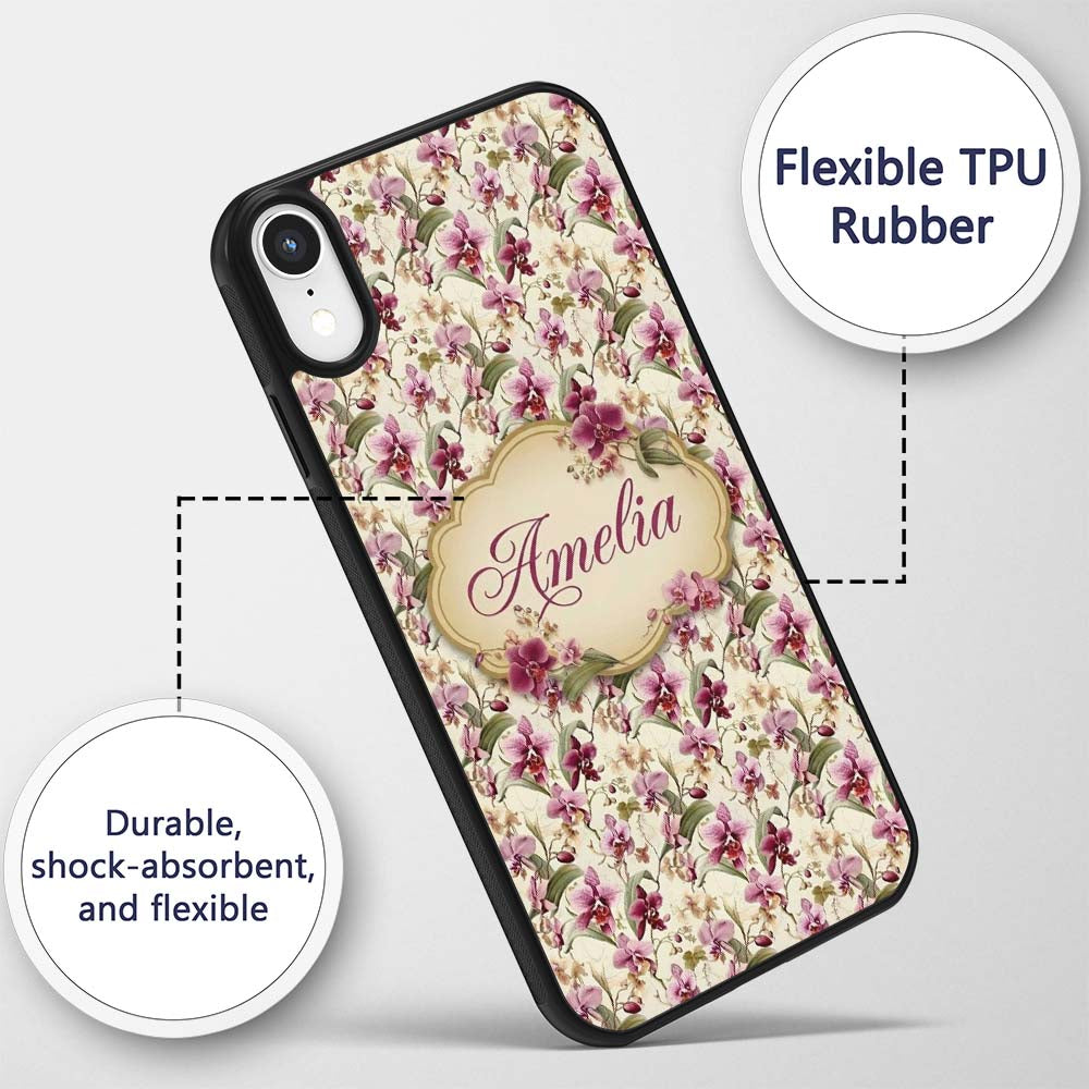 Blush Pink Orchid Floral Vintage Garden Seamless Custom Name Protective Phone Case Mobile Cover Durable Everyday Smartphone Shock Resistant