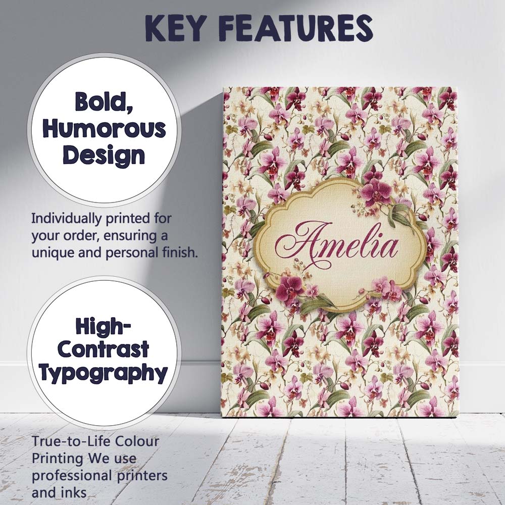 Personalised Name Blush Pink Orchid Floral Custom Unique Gift Idea Elegant Feature Canvas Wall Art Print Decor Picture Ready to Hang