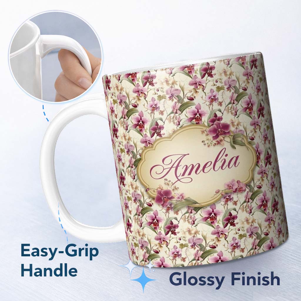 Personalized Custom Name Blush Pink Orchid Floral Vintage Garden Seamless Pattern Name Cute 11oz Ceramic Coffee Tea Mug White Large Handle
