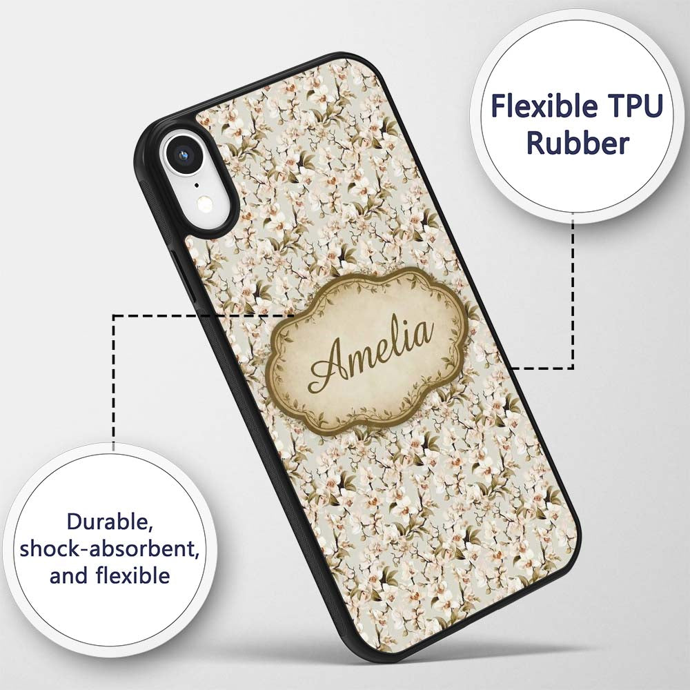 Elegant White Orchid Floral Vintage Seamless Custom Name Protective Phone Case Mobile Cover Durable Everyday Smartphone Shock Resistant