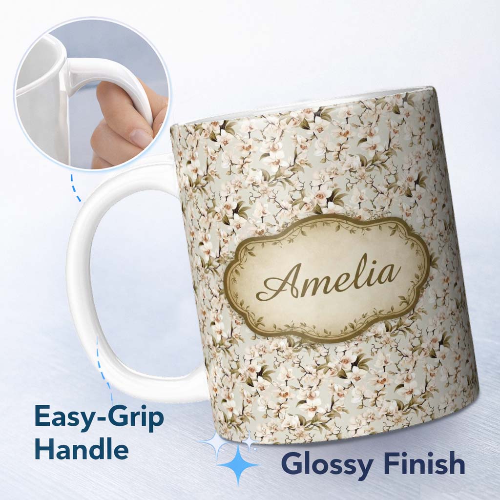Personalized Custom Name Elegant White Orchid Floral Vintage Seamless Pattern Name Cute 11oz Ceramic Coffee Tea Mug White Large Handle