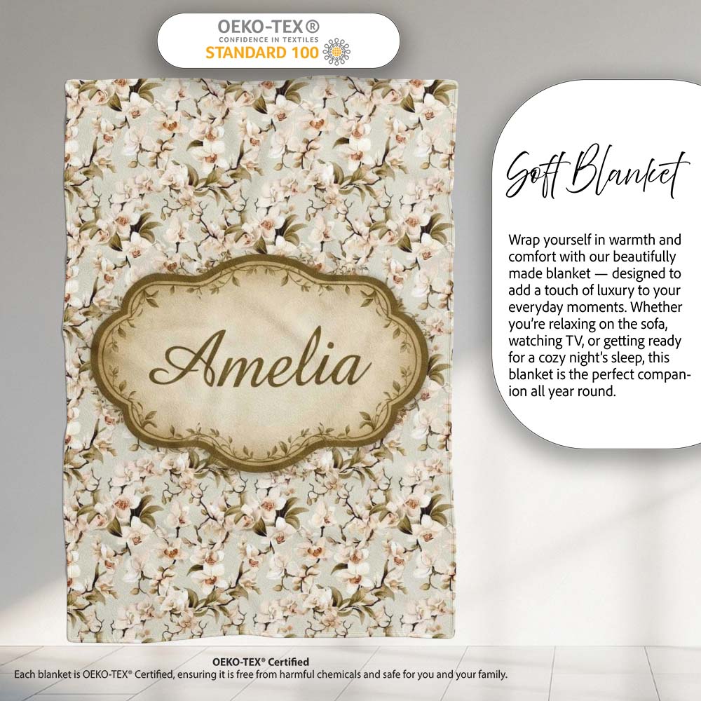 Elegant White Orchid Floral Vintage Seamless Pattern Name Cute Personalised Custom Name Super Soft Fleece Blanket Bed Sofa Throw